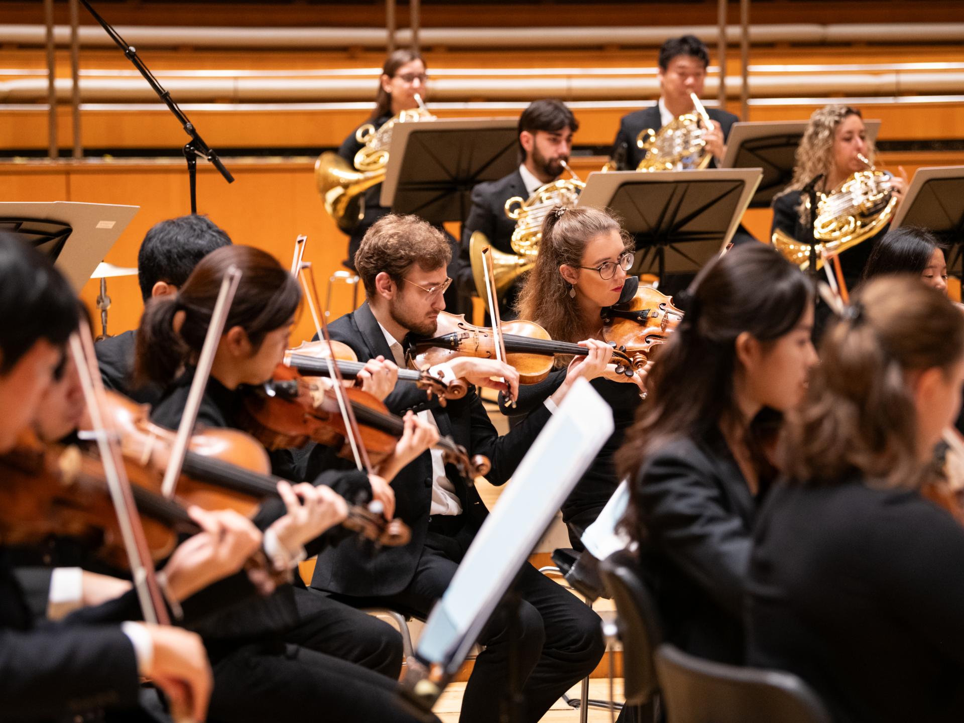 Mehrere Musiker*innen spielen Geige beim Orchesterkonzert im hr-Sendesaal, dahinter spielen vier Studierende Horn