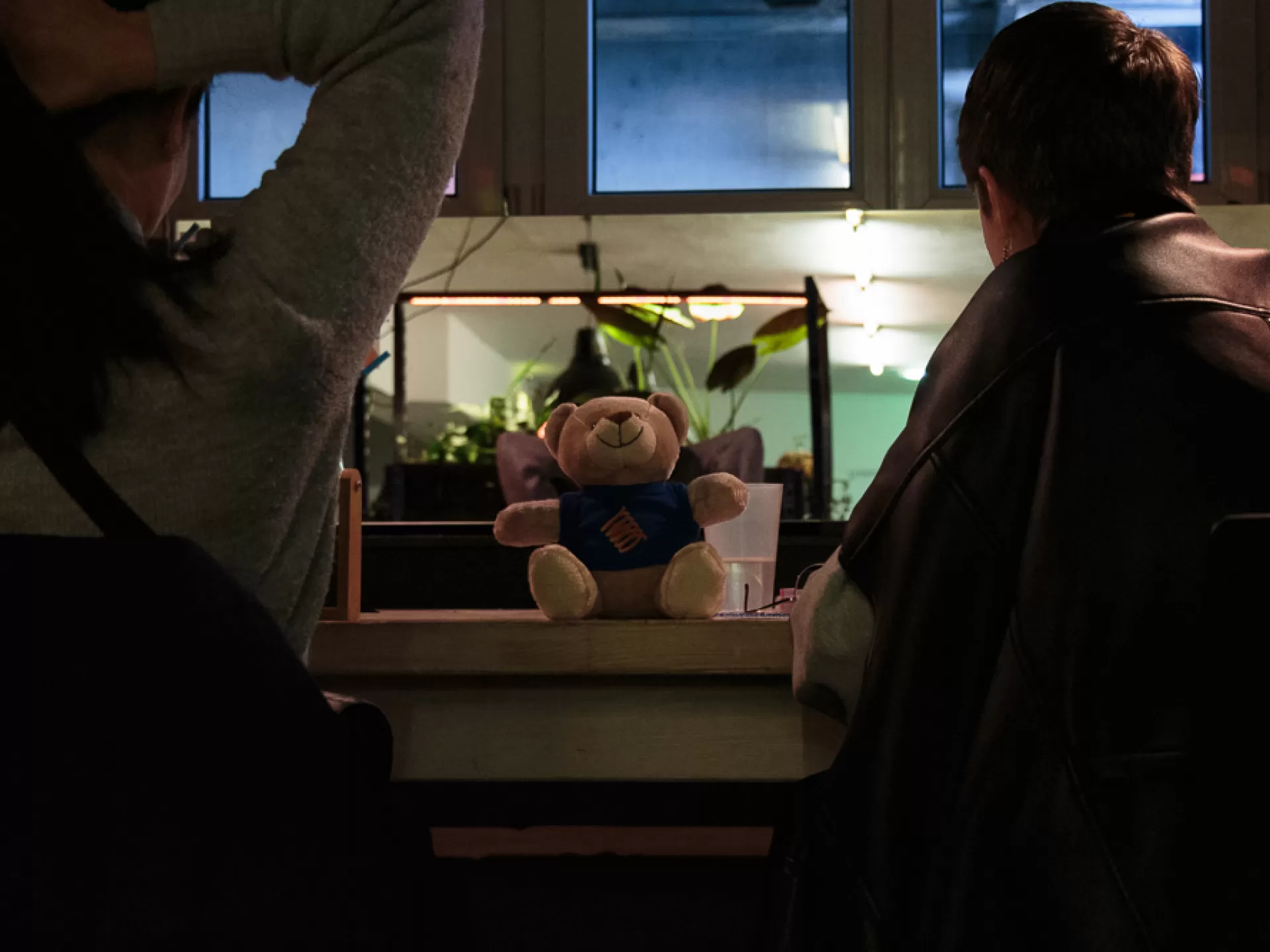 Zwei Personen sitzend sind von hinten zu sehen. Zwischen ihnen sitzt auf einem Tisch ein kleiner lächelnder Teddybär.