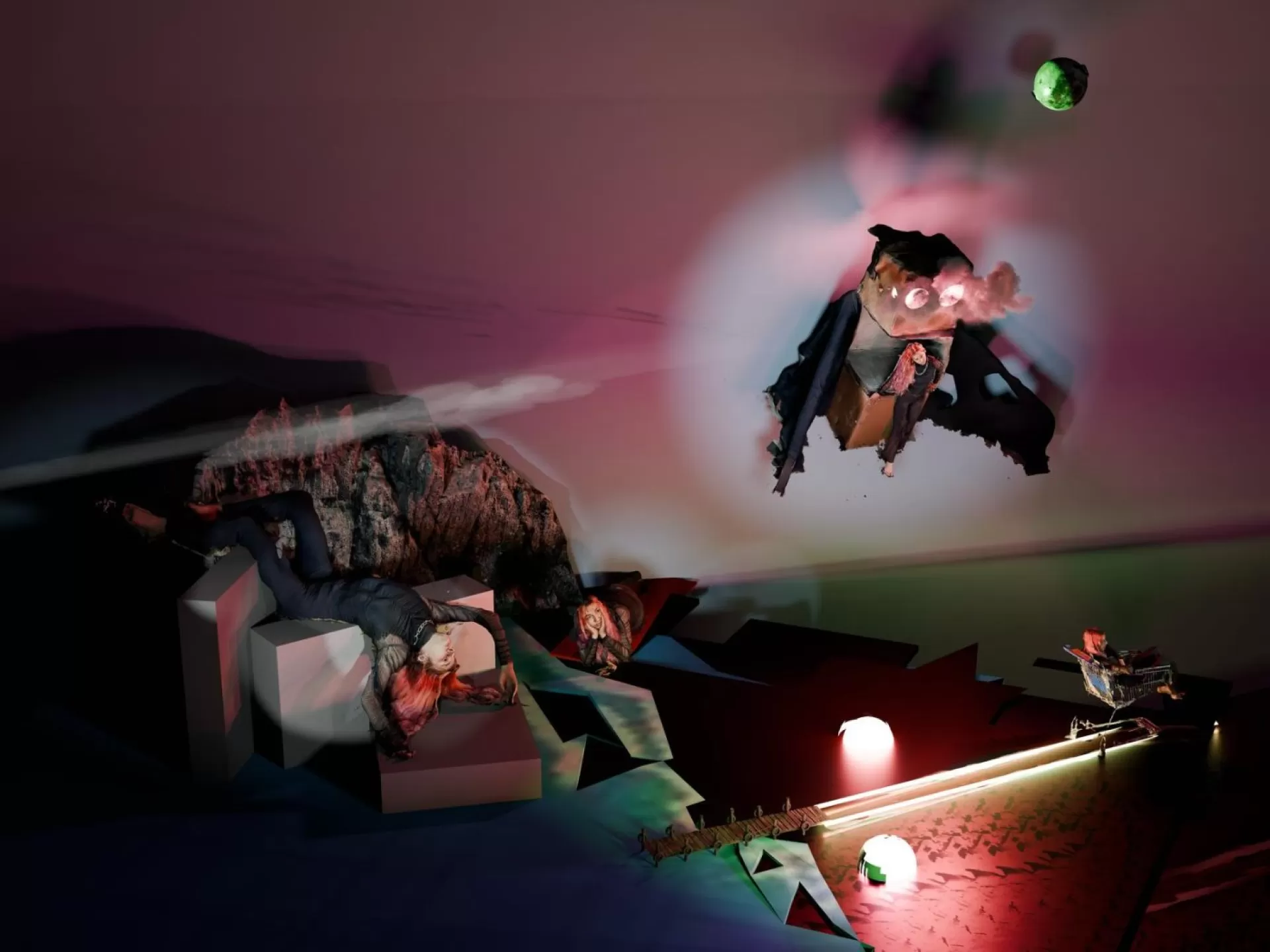 Eine Bildcollage zeigt phantasiehafte Szenerien: Eine Frau mit langen roten Haaren, schwarz gekleidet, liegt mit dem Kopf nach unten schräg über einigen Quaderelementen. An anderer Stelle im Bild sitzt sie in einem Einkaufswagen.  Im oberen Bildteil schwebt eine eulenartige Figur, die Frau lehnt mittig vor ihr.