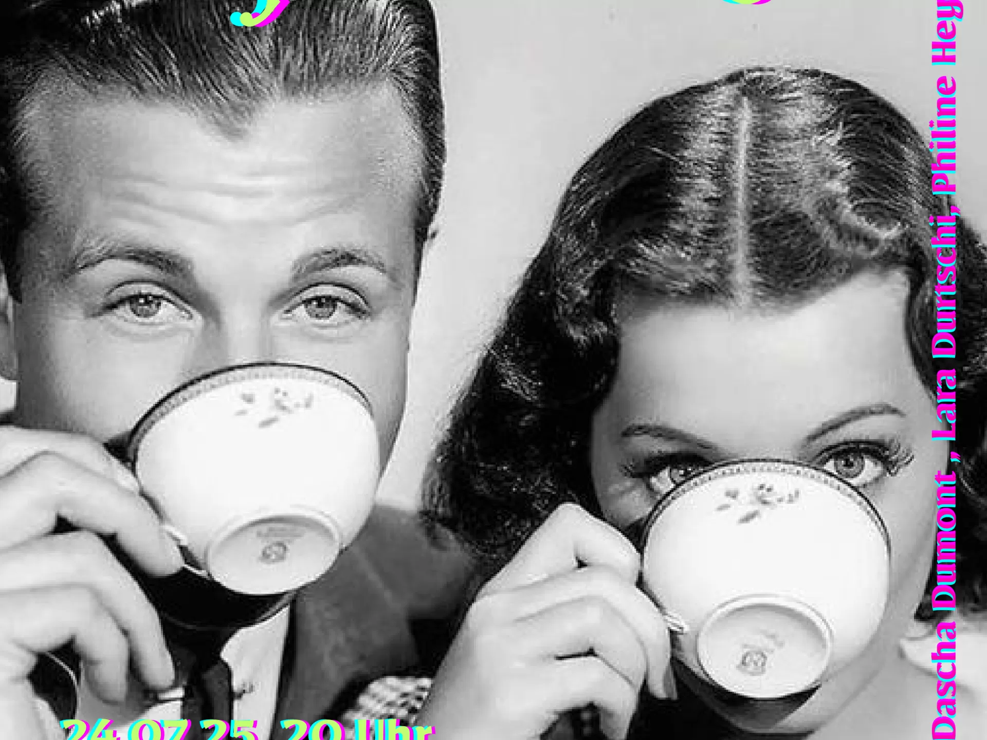 Plakat in Schwarz-Weiß mit zwei kaffeetrinkenden Personen.