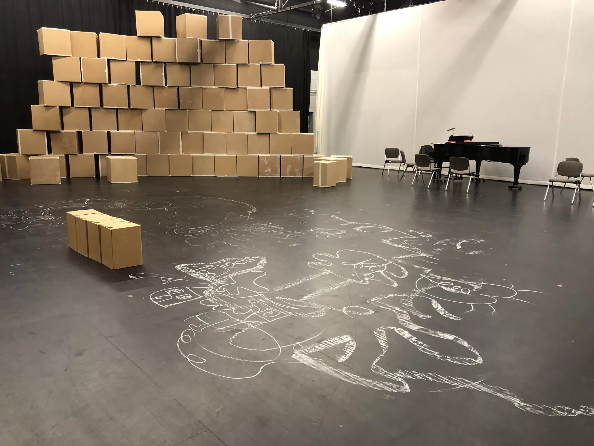 Kreidezeichnungen auf dem schwarzen Bühnenboden