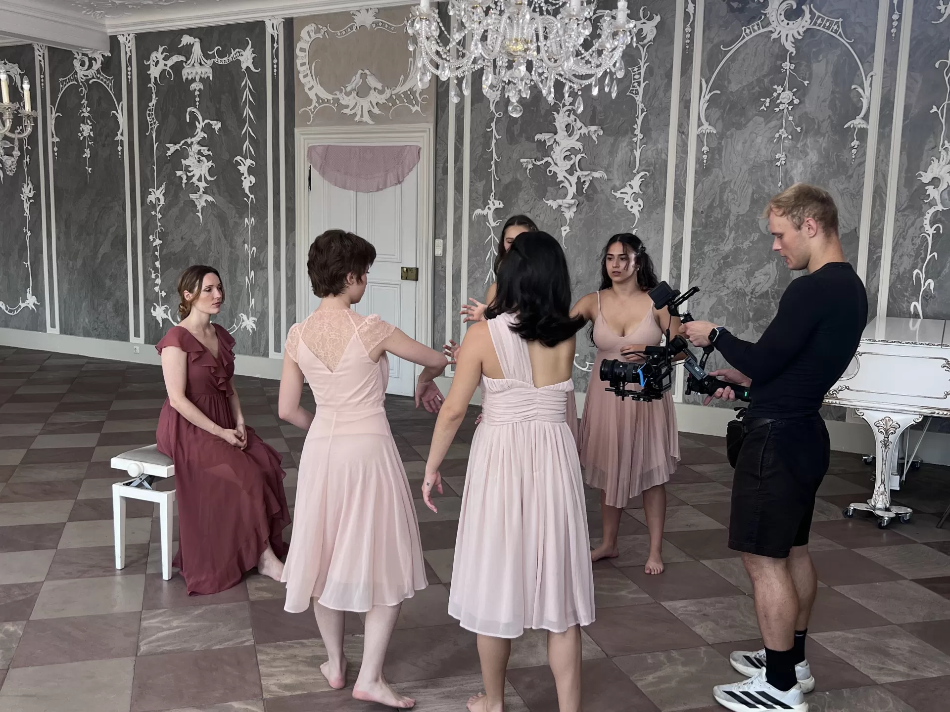 Frauen in rosafarbenen Kleidern werden von einem jungen schwarz gekleideten Mann in einem Schloss gefilmt