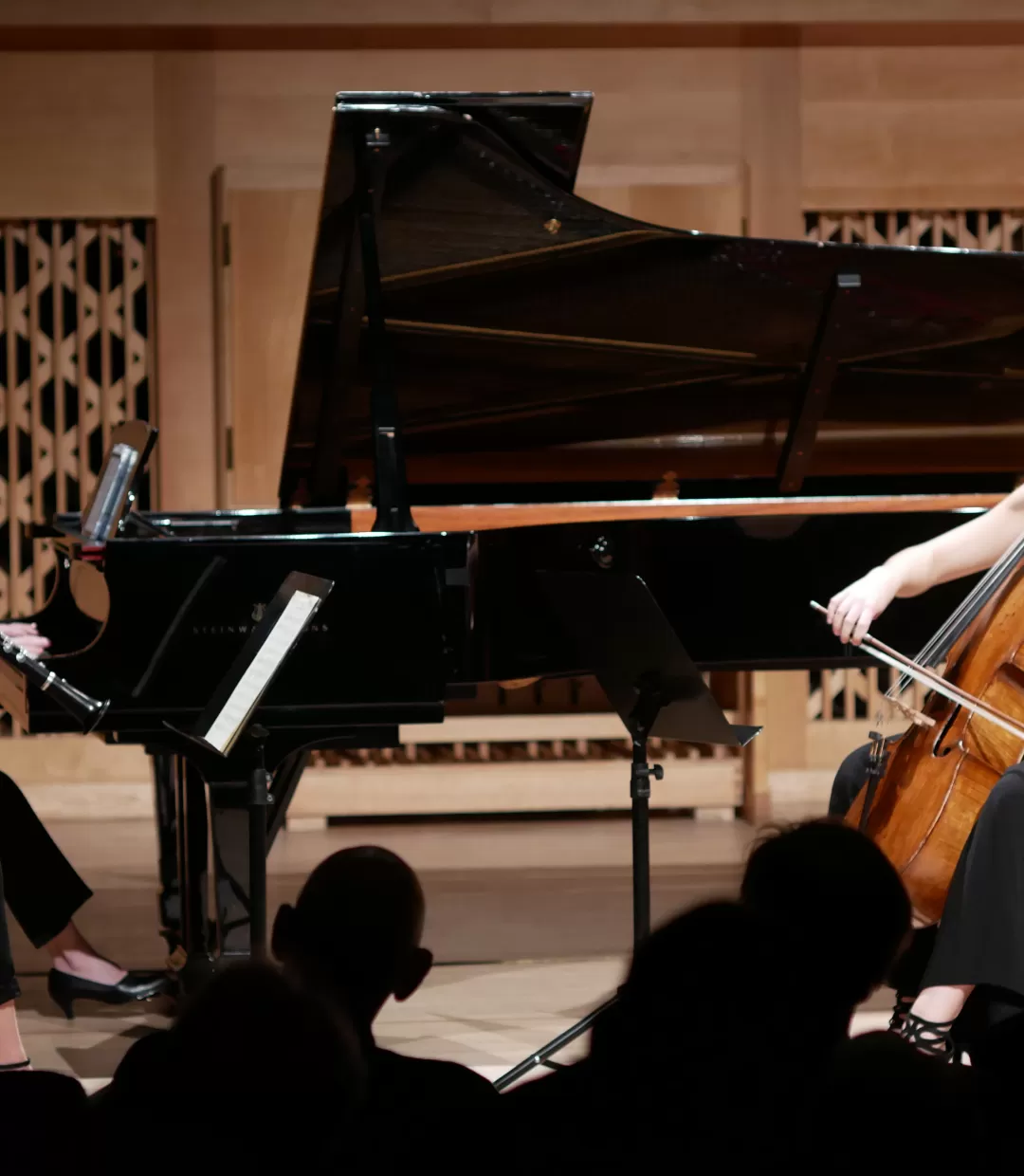 Eine Klarinettistin, eine Pianistin und eine Cellistin spielen zusammen vor Publikum.
