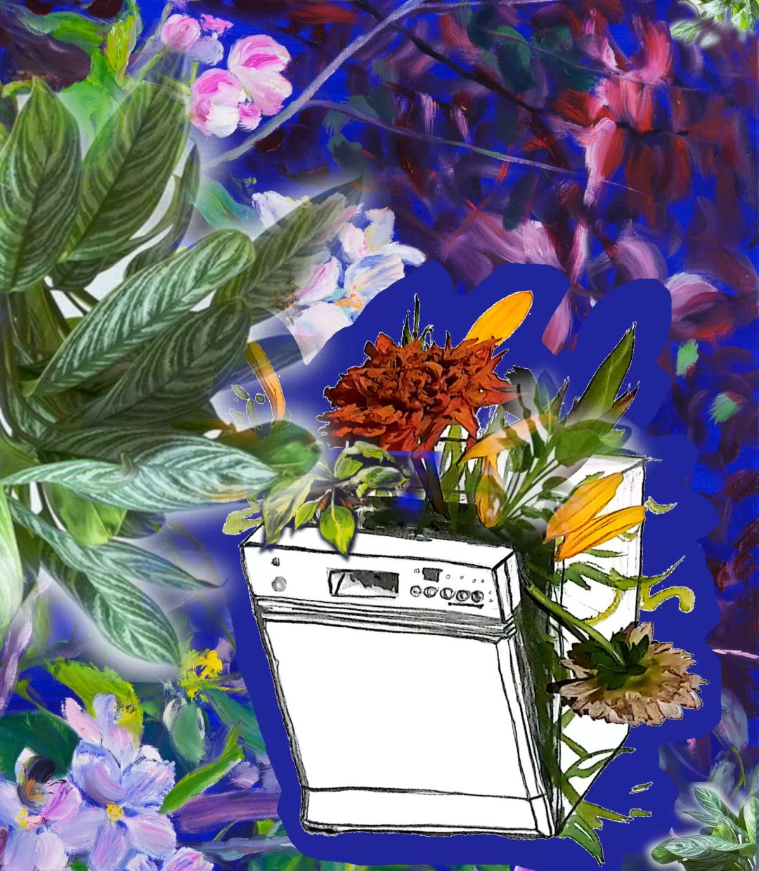 Eine Collage zeigt ein Hintergrundbild aus bunten Pflanzen, sowohl Fotos von Grünpflanzen als auch gemalte bunte Blüten und Blumen. Mittig darauf die Grafik einer Spülmaschine, aus deren leicht geöffneter Fronttür Blumen hervorkommen.