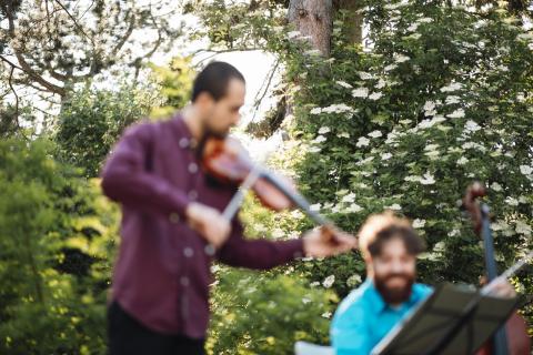 Violinist und Cellist unscharf mit Bäumen und Pflanzen im Hintergrund