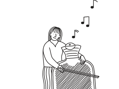 Illustration einer Figur, die Kontrabass spielt - aber anstelle des Instruments ist eine große Wärmflasche zu sehen