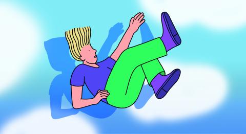 Illustration einer Person im freien Fall vor blauem Himmel mit weißen Wölkchen.