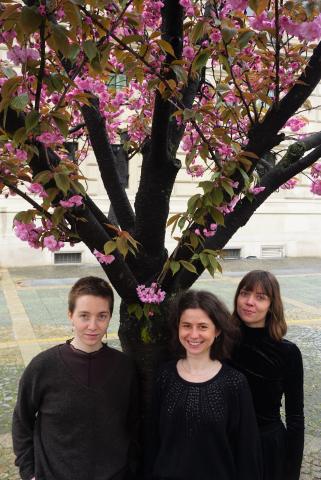 Die drei Musikerinnen des Trio Evviva stehen unter einem blühenden Kirschbaum