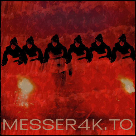 Vermumte schemenhafte Gestalten stehen vor einem roten Hintergrund, am unteren Rand steht groß der Name des Theaterstückes "messer4k.to".