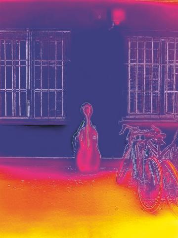 Thermografie-Aufnahme eines Cello-Koffers im Hof der HfMDK