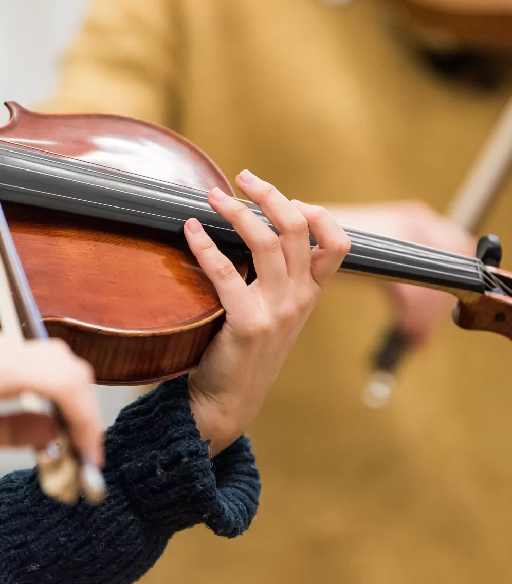Detailaufnahme einer Hand auf dem Griffbrett einer Viola