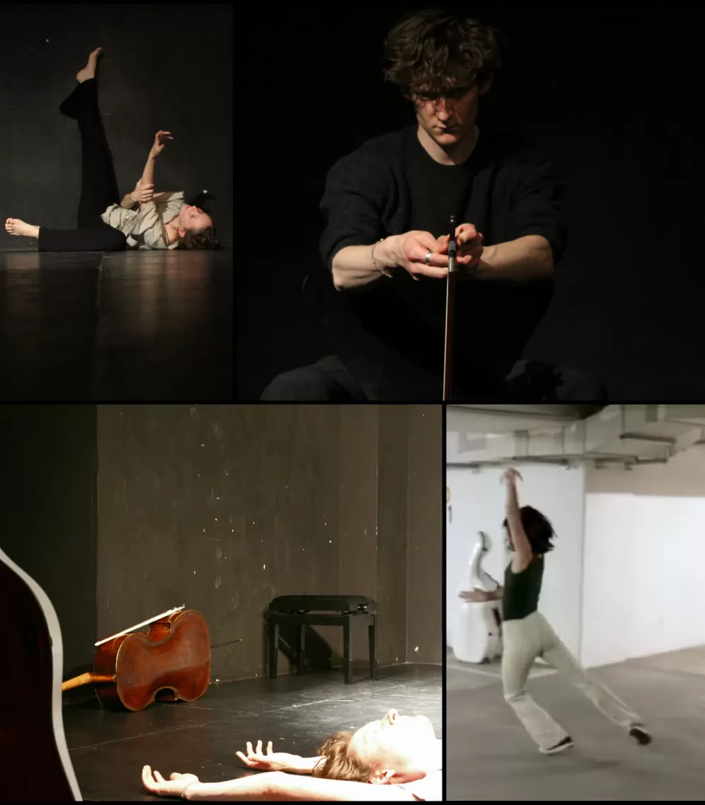 Eine Foto-Collage: Zwei tanzende Personen, ein Cellist mit seinem Bogen und eine Person, die auf dem Boden liegt.