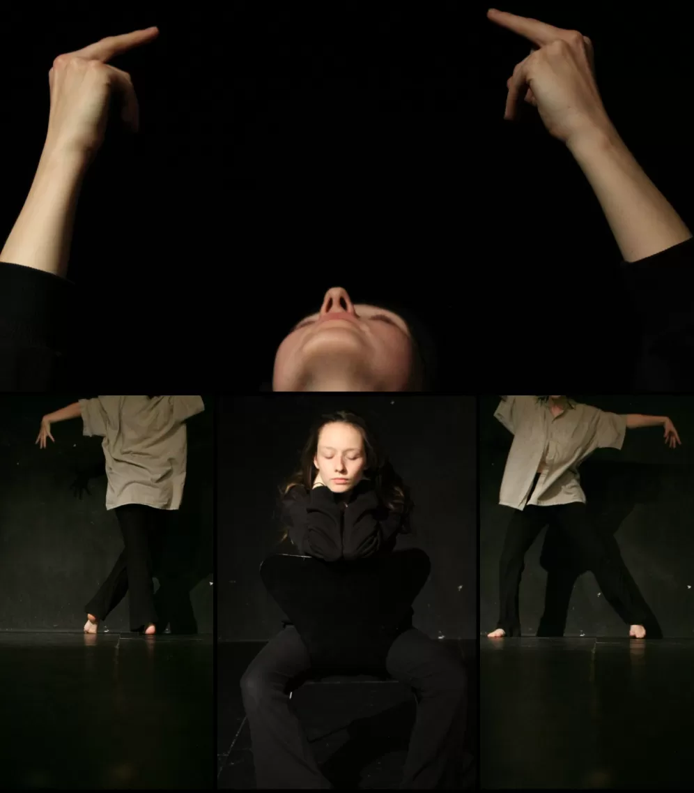 Foto-Collage: Eine junge Frau auf einem Stuhl, die Augen geschlossen. Zwei tanzende Personen, eine Nahaufnahme einer Person mit erhobenen Händen, man sieht nur das Gesicht.