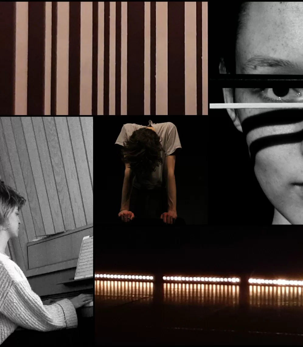 Foto-Collage: Eine Person am Klavier, Lichtstreifen an einer Wand, eine gebeugte Person, eine Nahaufnahme eines Gesichts mit Schattenstreifen.