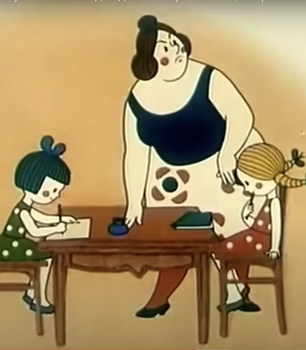 In einer Farbzeichnung sind zwei Mädchen zu sehen, die an einem Tisch sitzen. Ein Mädchen schreibt etwas auf ein Blatt Papier. Zwischen ihnen steht eine Frau, die streng dreinblickt.