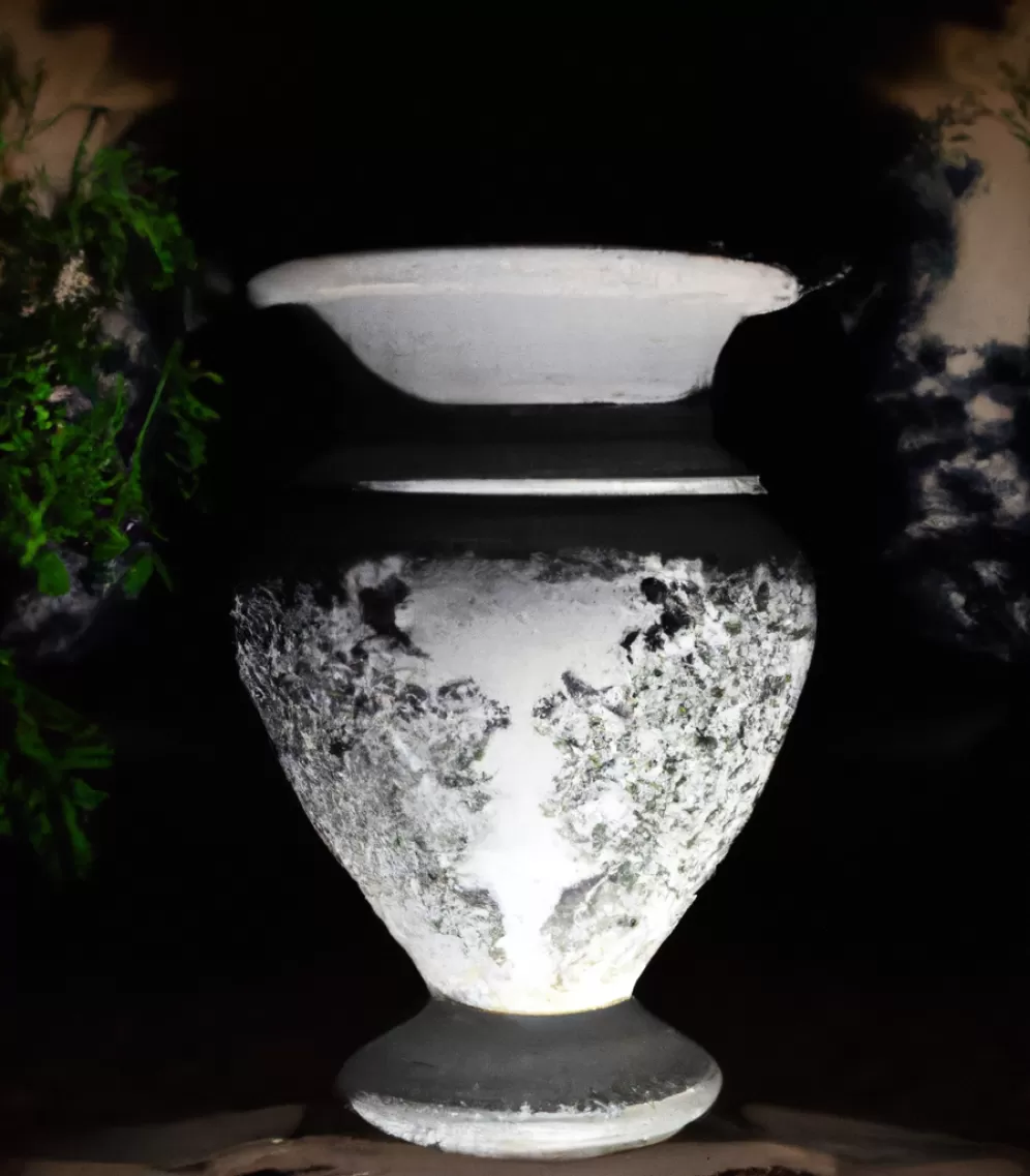 Vor einem dunklen Hintergrund steht eine steinerne, weiss marmorierte Urne.