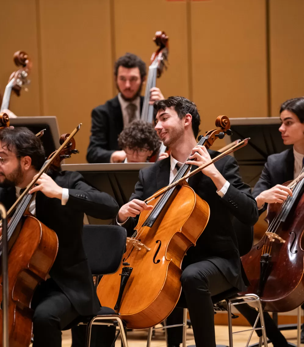 Beim Orchesterkonzert im hr-Sendesaal spielen mehrere Cellisten in einer Reihe und dahinter Bassisten.