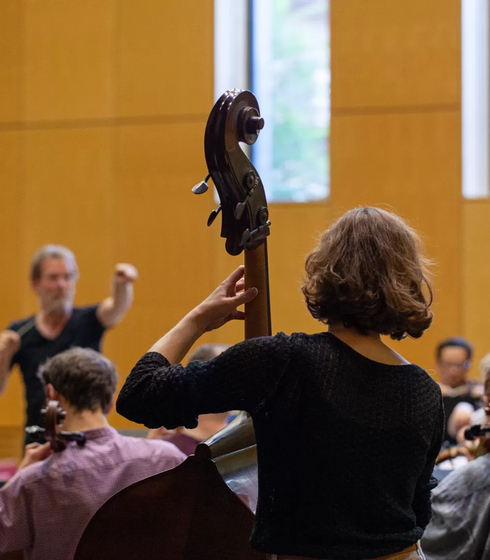 orchesterprobe des Collegium Musicum, im Vordergrund eine Kontrabassistin von hinten zu sehen.