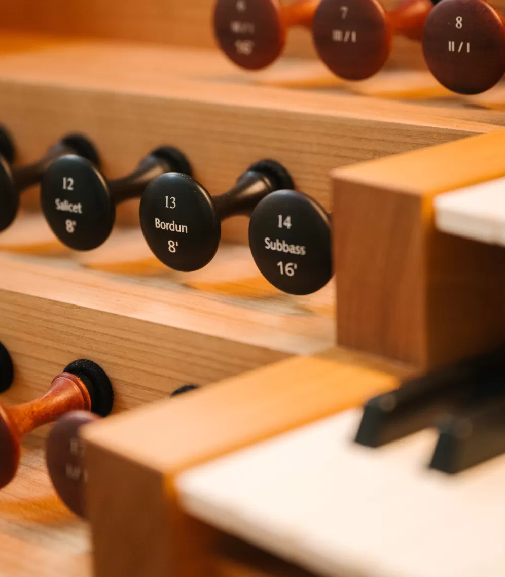 Nahaufnahme der Register der Rieger Orgel