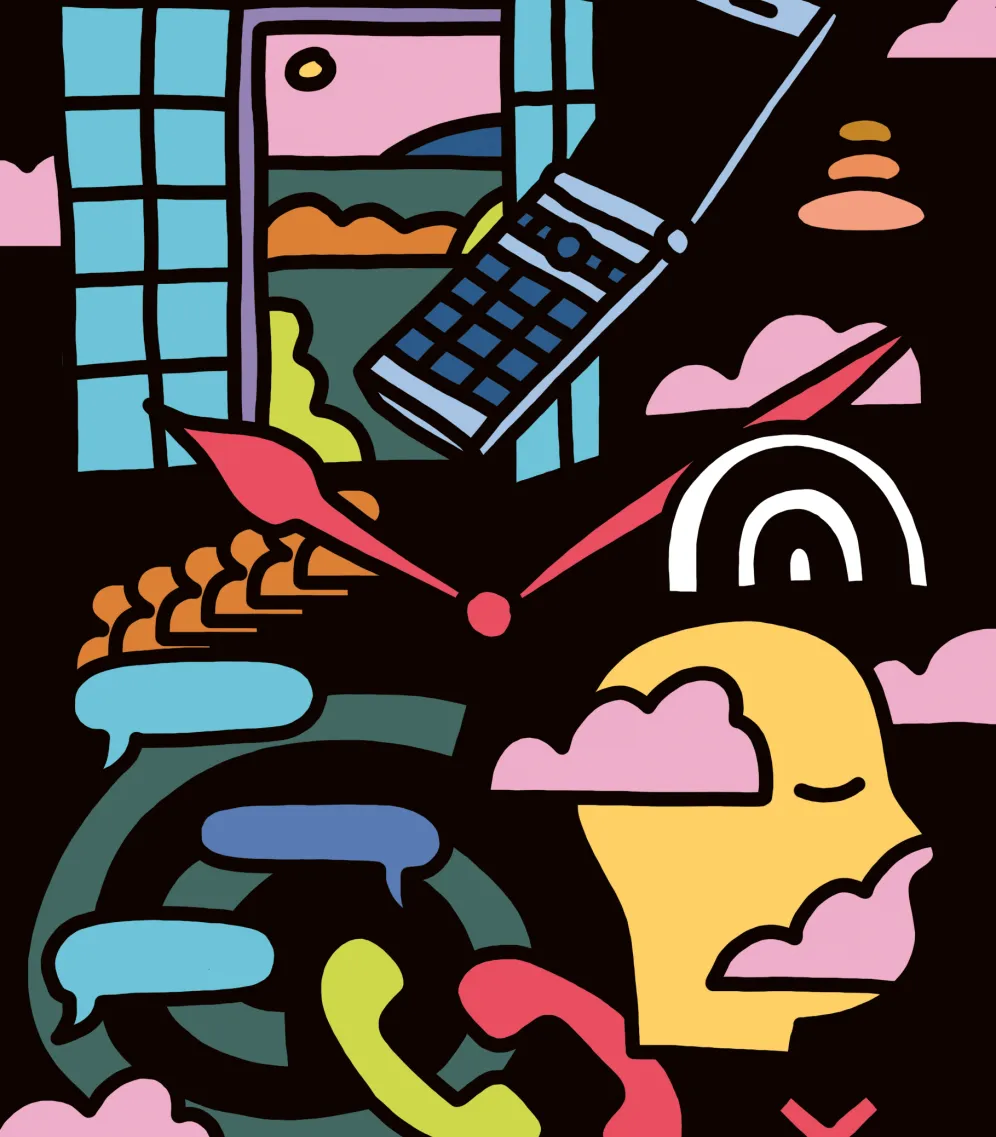 Bunte Illustration mit z.B. einem Handy, Sprechblasen, Telefonhörern, einem offenen Fenster und Uhrzeigern in der Mitte.