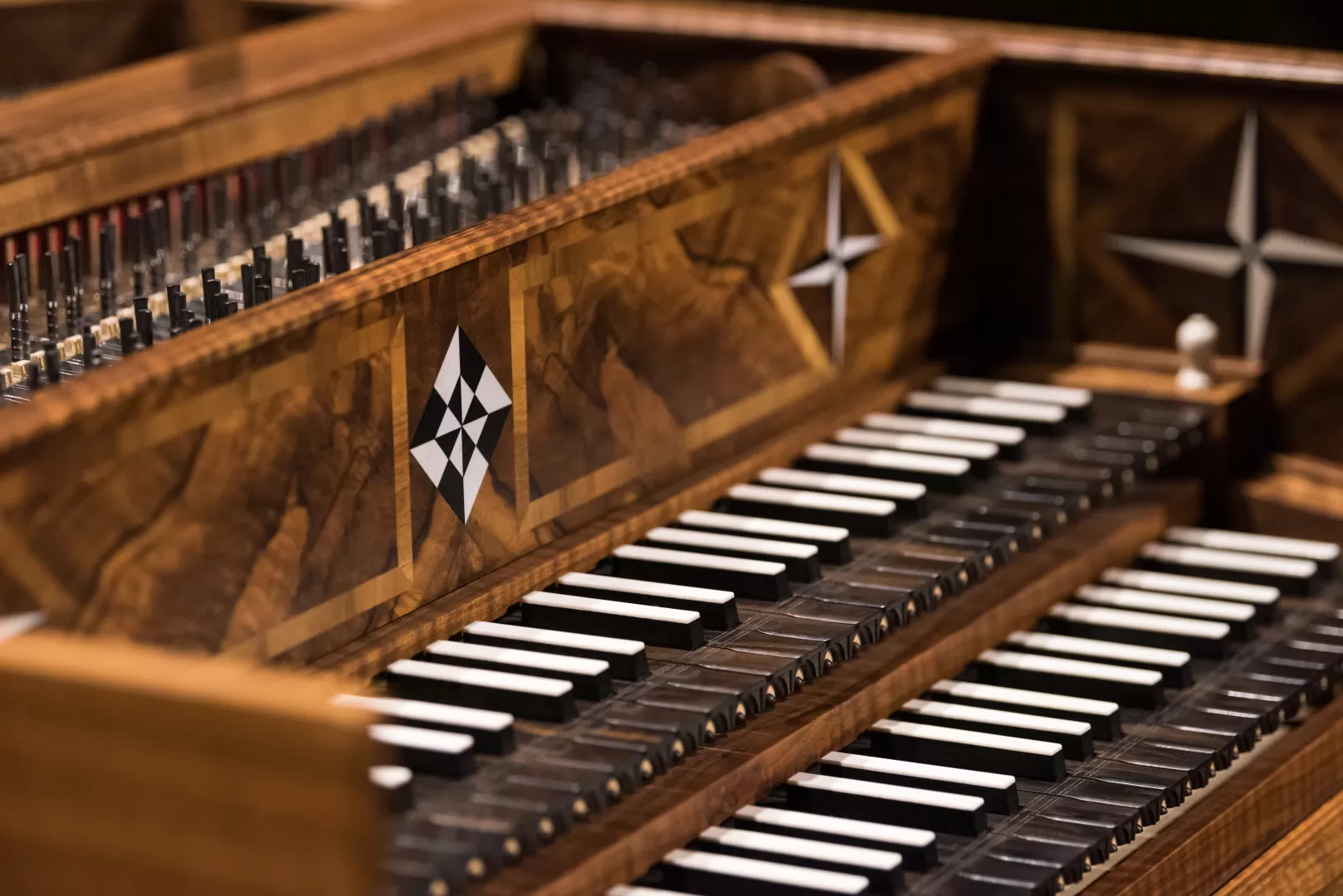 Detailaufnahme der schwarz-weißen Tasten des Cembalos