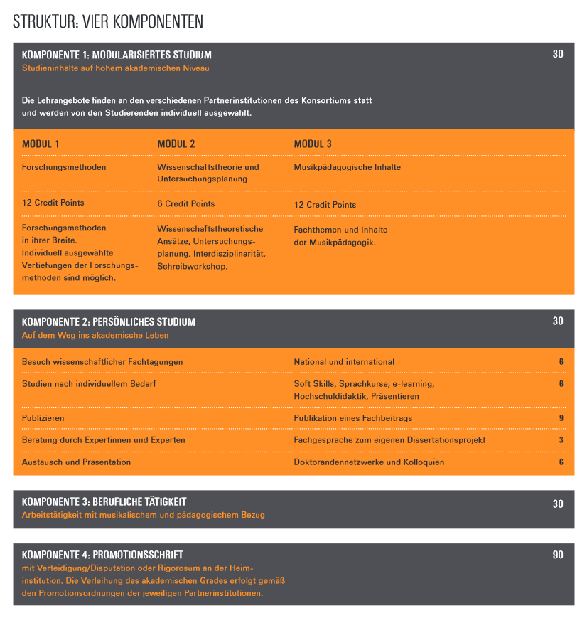 Übersicht über die vier Komponenten der Graduiertenschule Musikpädagogik