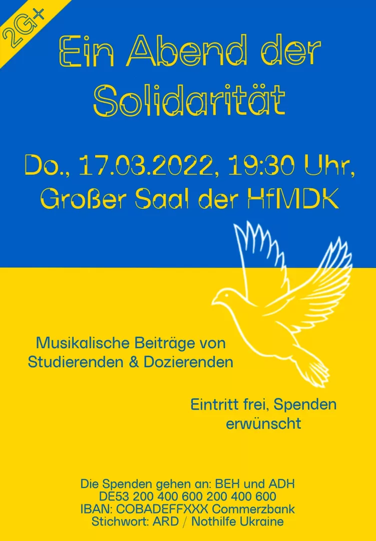 Plakat für den Solidaritätsabend für die Ukraine, eine weiße Friedenstaube auf blauem und gelben Grund.