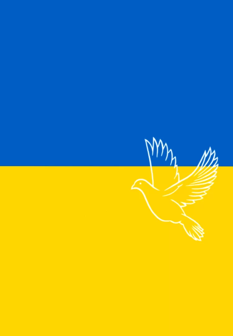 Umriss einer weißen Friedenstaube auf den Farben der ukrainischen Flagge: Blau oben, gelb unten.