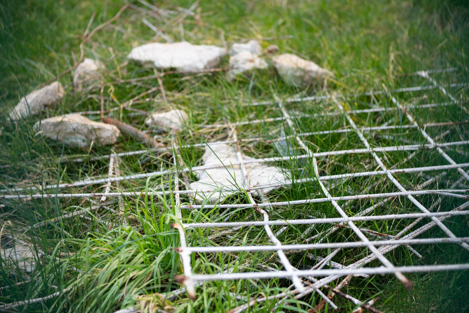 Nahaufnahme einer grünen Wiese, auf der ein weißes Gitter mit rostigen Stellen liegt.