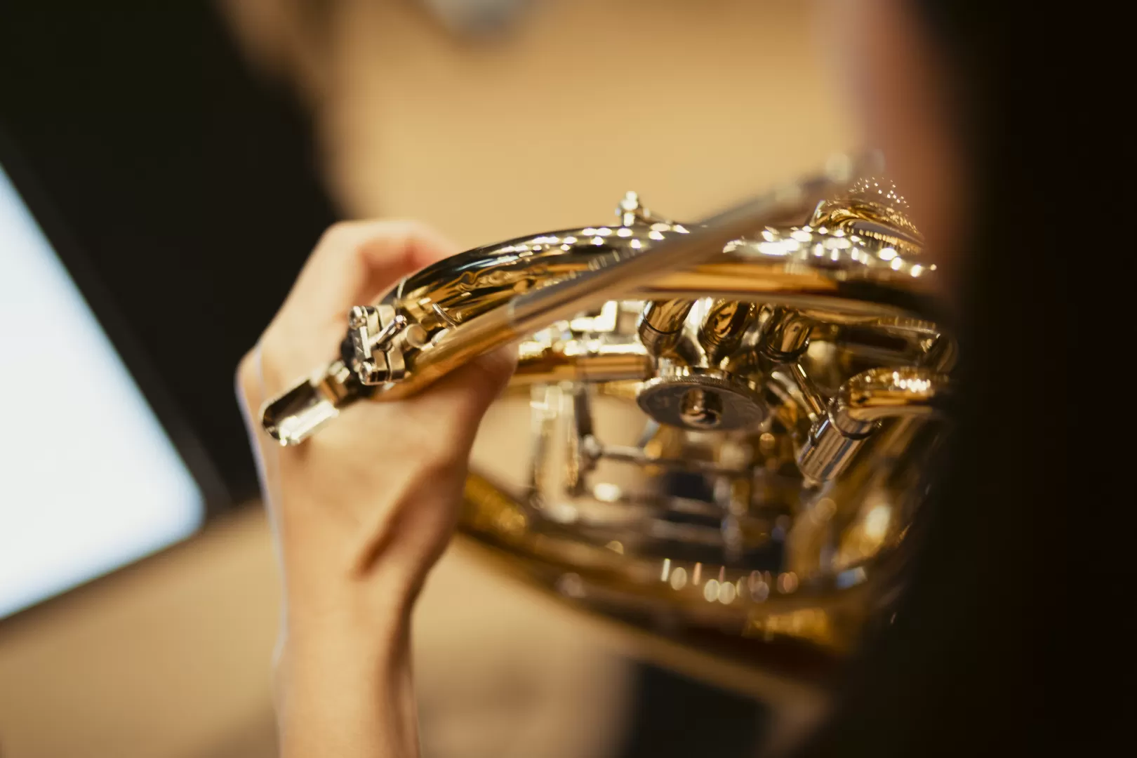 Nahaufnahme einer Hornistin beim Spiel, man sieht nur ihre Hand, die das Instrument greift.