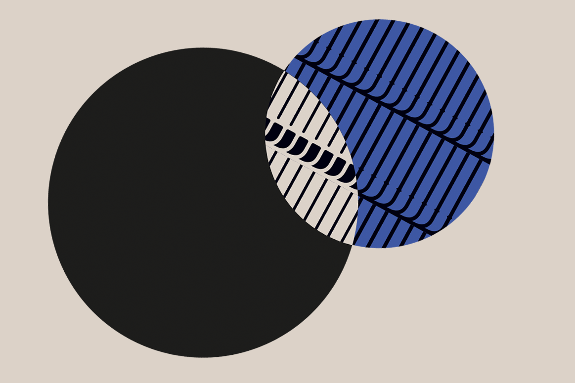 Illustration zweier ineinander greifender Kreise, einer schwarz, einer blau mit schwarzem Linienmuster.