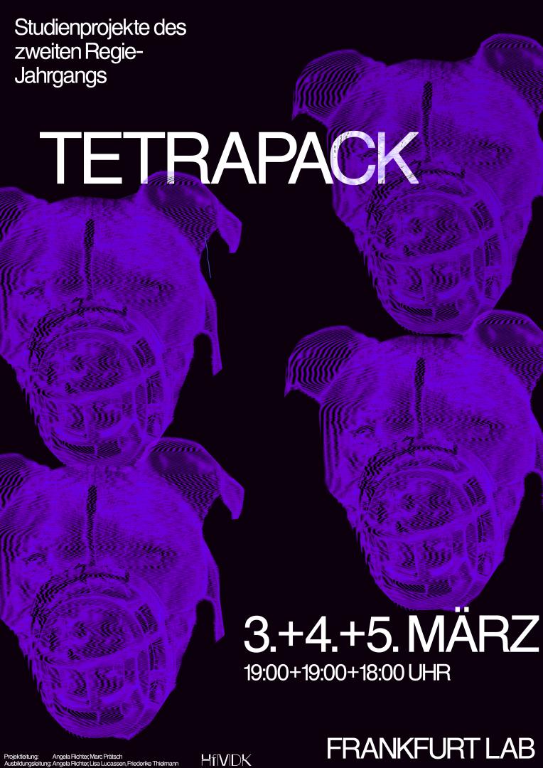Ein Plakat für das Studienprojekt I mit dem Titel "Tetrapack" zeigt vier stilisierte Hundeköpfe in lila auf einem komplett schwarzen Hintergrund.