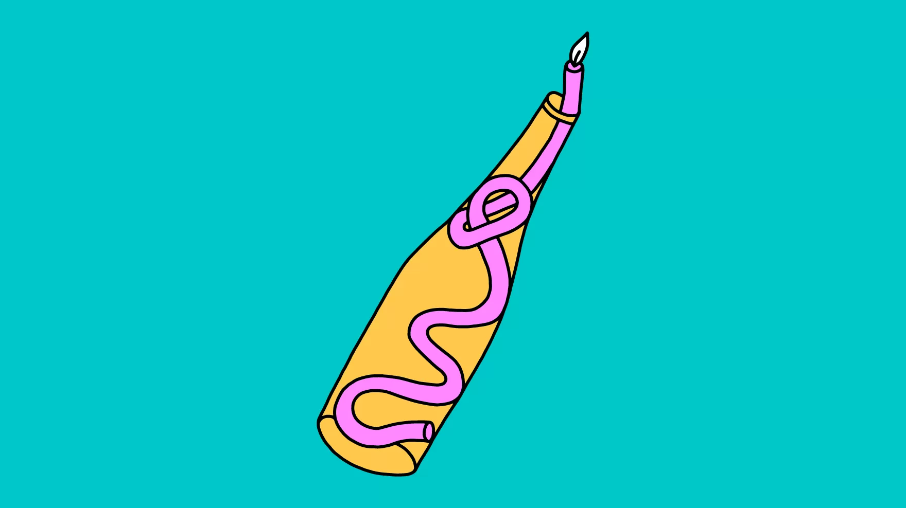 Illustration: Eine pinke brennende Kerze schlängelt sich aus einer orangenen Flasche, der Hintergrund ist türkis.