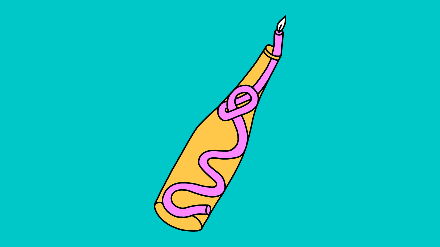 Illustration: Eine pinke brennende Kerze schlängelt sich aus einer orangenen Flasche, der Hintergrund ist türkis.