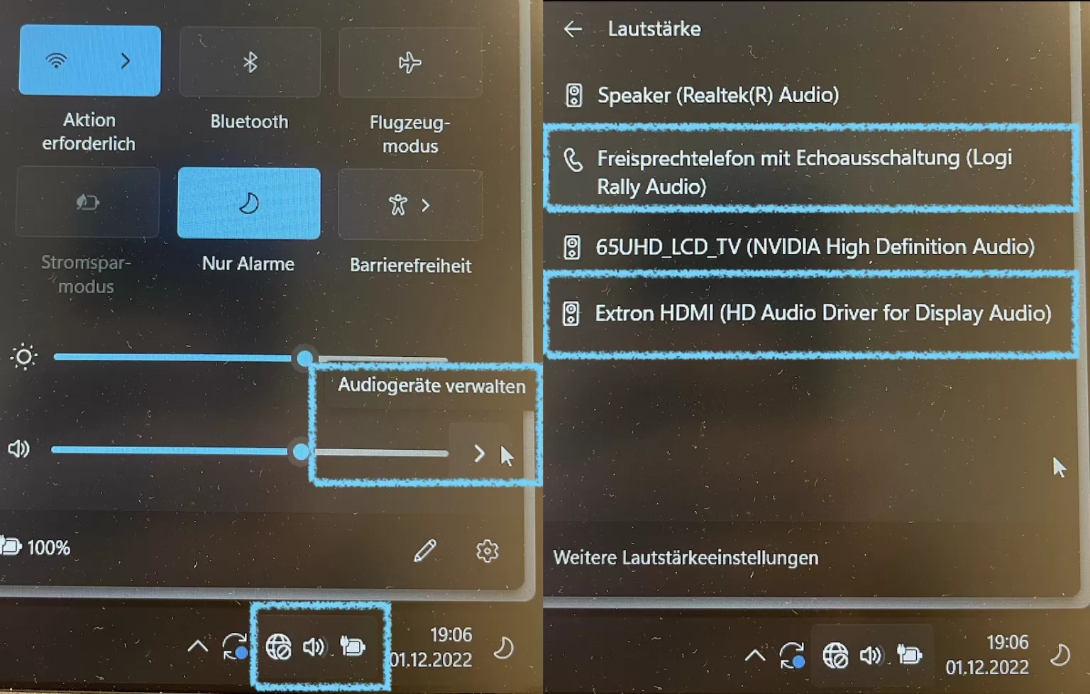 Bild zeigt die Auswahlmöglichkeiten an Lautsprechern