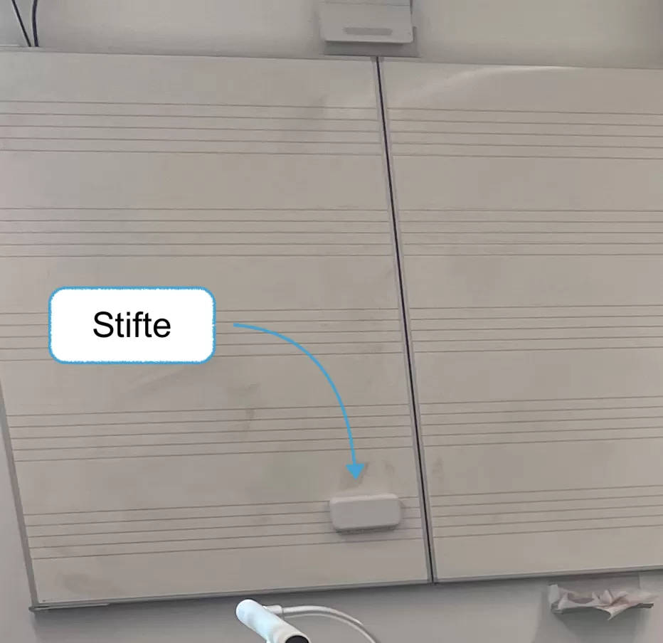 Bild zeigt, wo die Stifte für die Digitale Tafel aufbewahrt werden