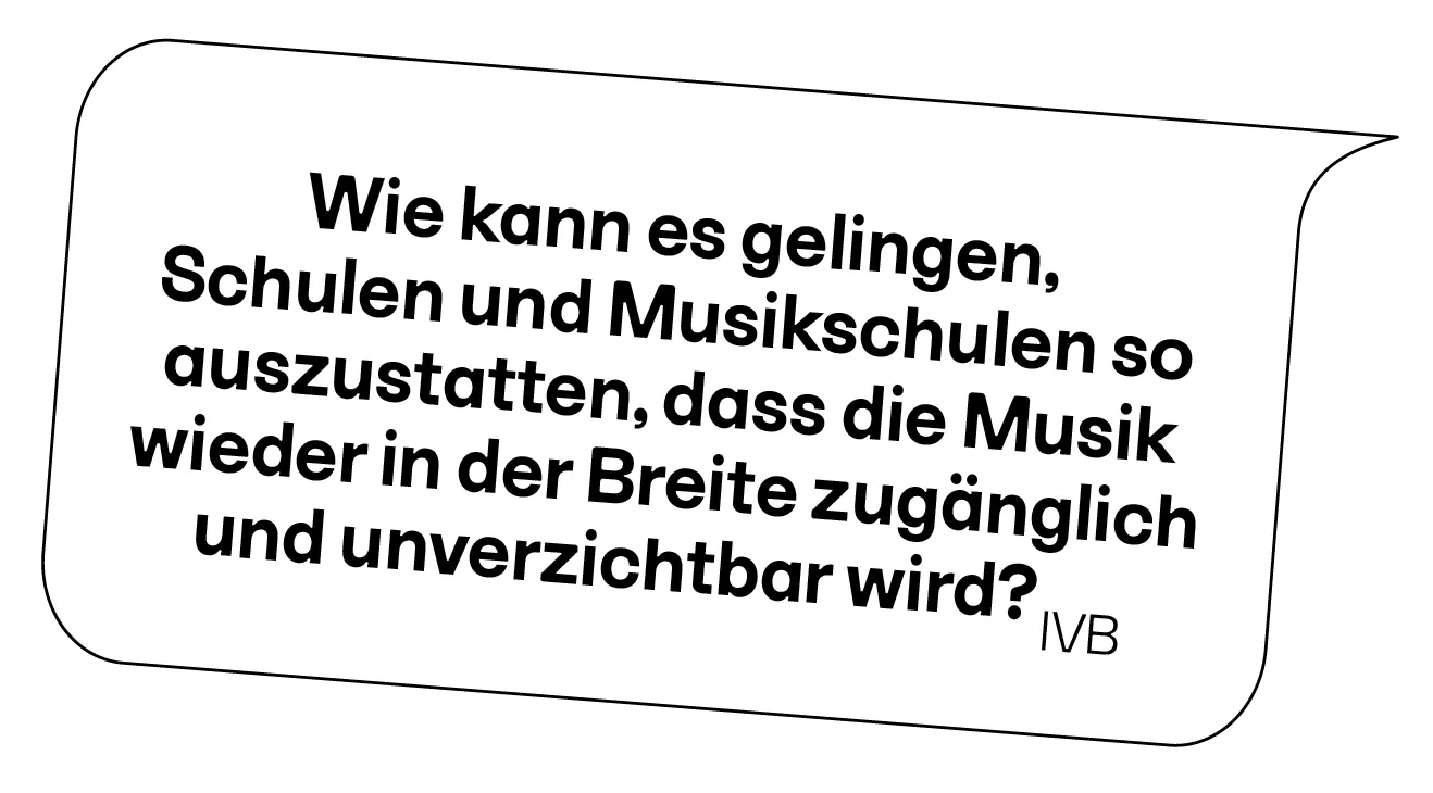 Sprechblase mit dem Text: Wie kann es gelingen, Schulen und Musikschulen so auszustatten, dass die Musik wieder in der Breite zugänglich und unverzichtbar wird?