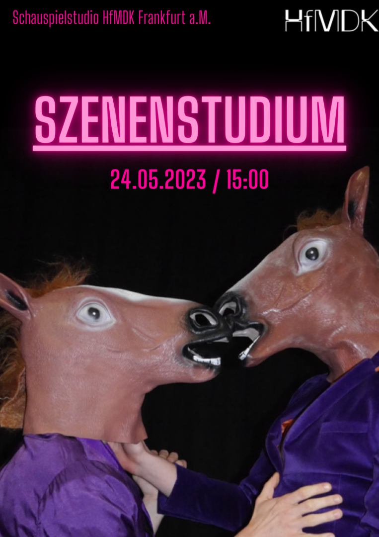 Plakat zum Vorspiel der Duoszenen mit zwei Personen mit Pferdemasken als Motiv.