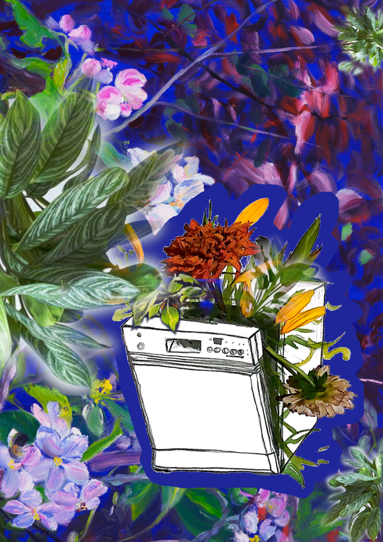 Eine Collage zeigt ein Hintergrundbild aus bunten Pflanzen, sowohl Fotos von Grünpflanzen als auch gemalte bunte Blüten und Blumen. Mittig darauf die Grafik einer Spülmaschine, aus deren leicht geöffneter Fronttür Blumen hervorkommen.