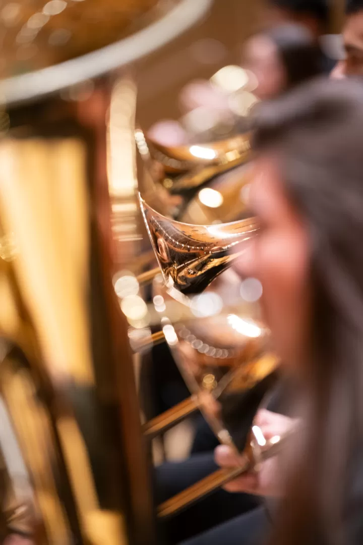 Zu sehen ist das tiefe Blech des HfMDK Symphonieorchesters.