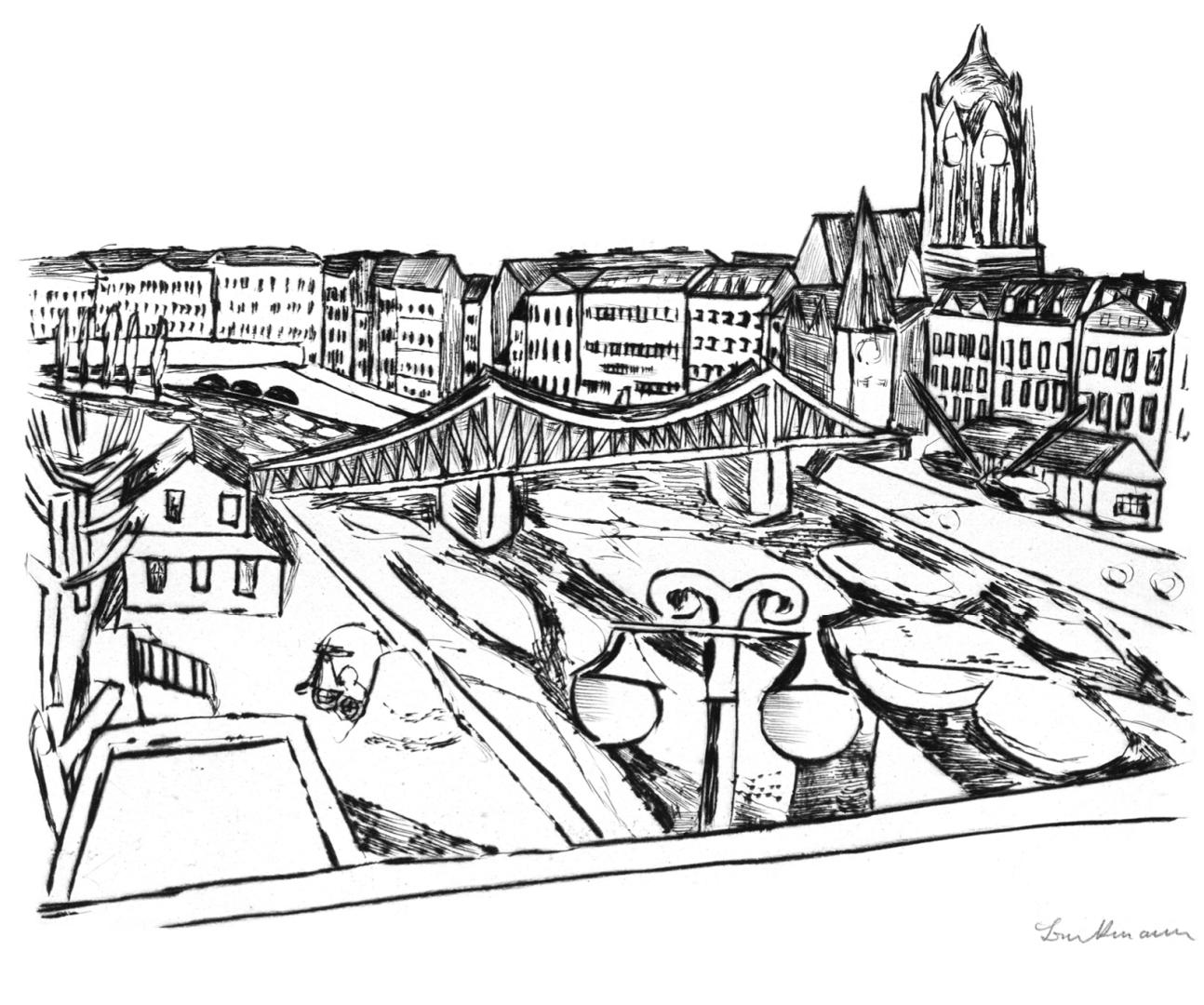 Zeichnung von Max Beckmann: Frankfurter Stadtansicht mit Eisernem Steg (1923)