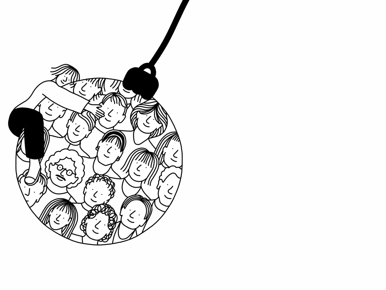 Schwingende Weihnachtskugel, auf der viele unterschiedliche Gesichter zu sehen sind.