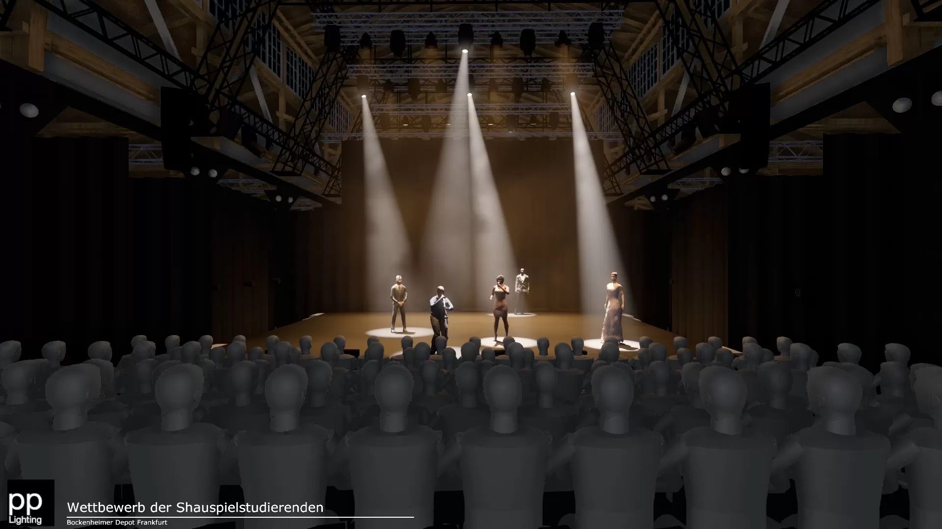 Blick von Reihe 7, Mitte, auf die Bühne des Bockenheimer Depots