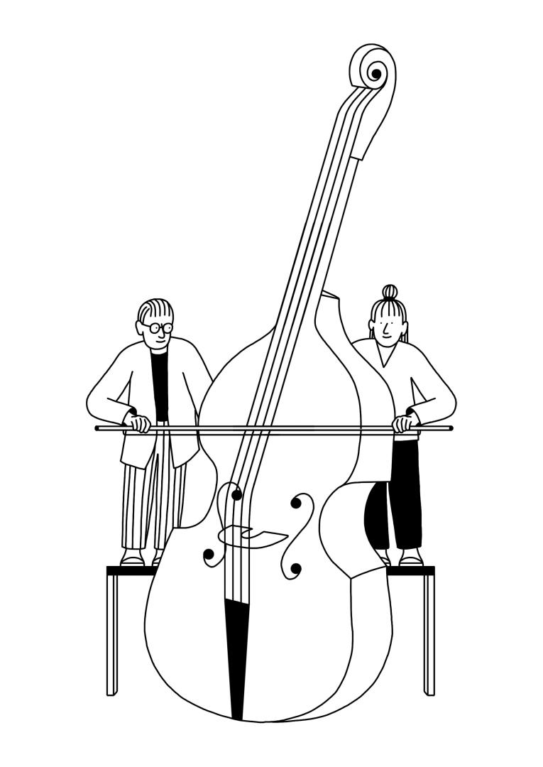 Zwei Personen spielen gemeinsam mit einem Bogen einen überdimensional großen Kontrabass.
