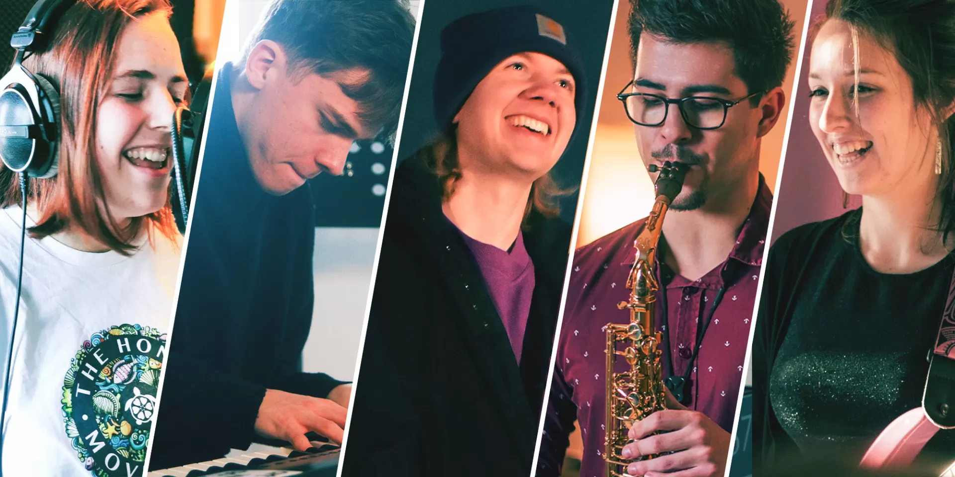 Collage mit Fotos der Bandmitglieder von BALU mit ihren Instrumenten