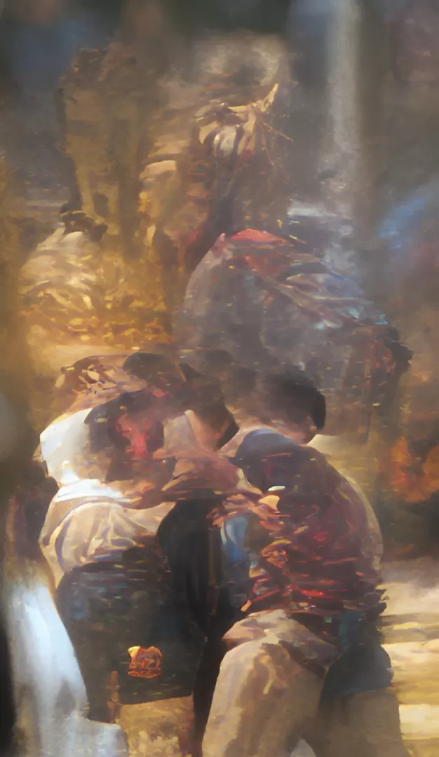 Ein abstraktes buntes Bild, das die Beine von zwei Fußballspielern zeigt und einen Kopf.