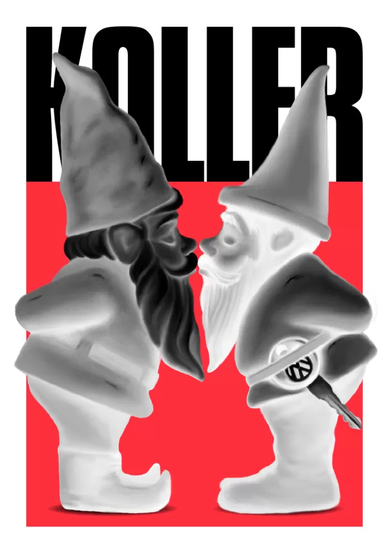 Zwei Gartenzwerge stehen sich gegenüber und küssen sich, der rechts Stehende hat einen VW-Autoschlüssel am Gürtel.  Die Zwerge sind schwarz-weiss negativ vor einem roten Hintergrund. Über ihren Kopfen steht der Stücktitel "Koller".