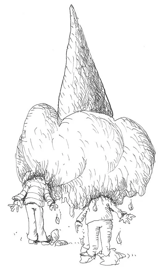 Eine schwarz-weiß Zeichnung zeigt zwei Figuren deren Kopfe in einer auf dem Kopf stehenden Eistüte mit drei Eiskugeln stecken, von der Eis heruntertropft.