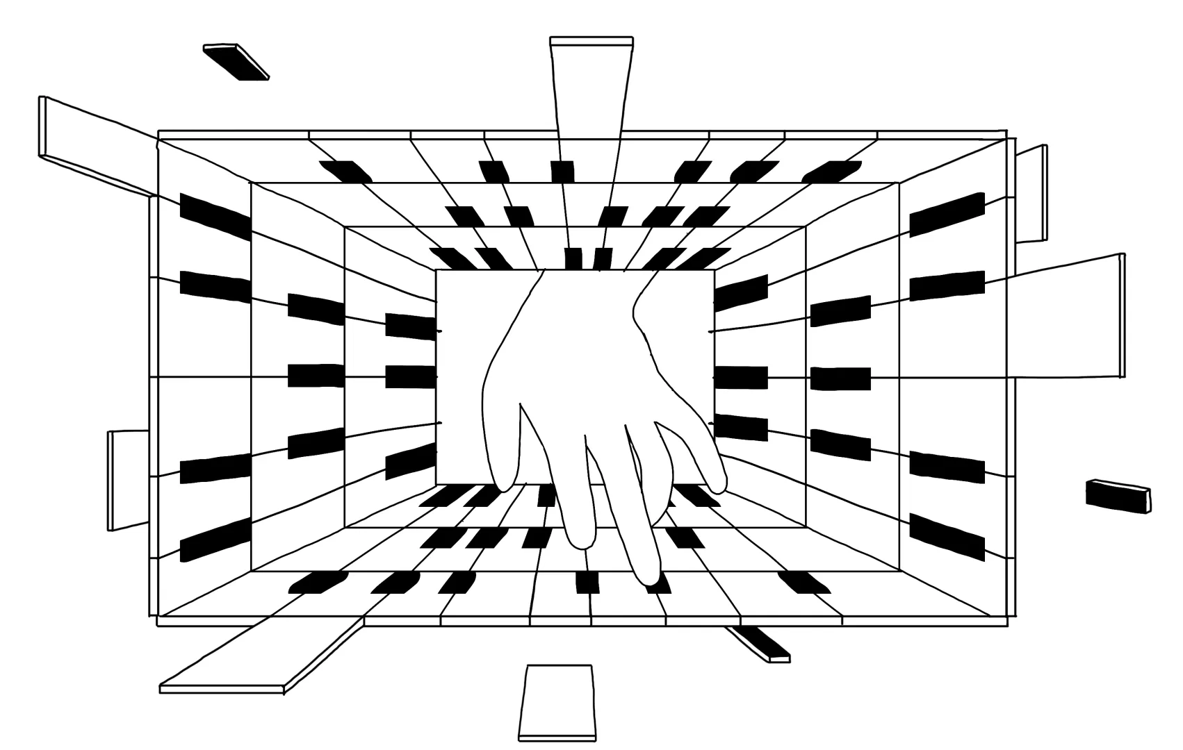 Abstrakte Illustration: Eine Hand greift scheinbar in einen Kasten oder ein Gebäude, das aus Klaviertasten besteht und versucht, auf diesen zu spielen.