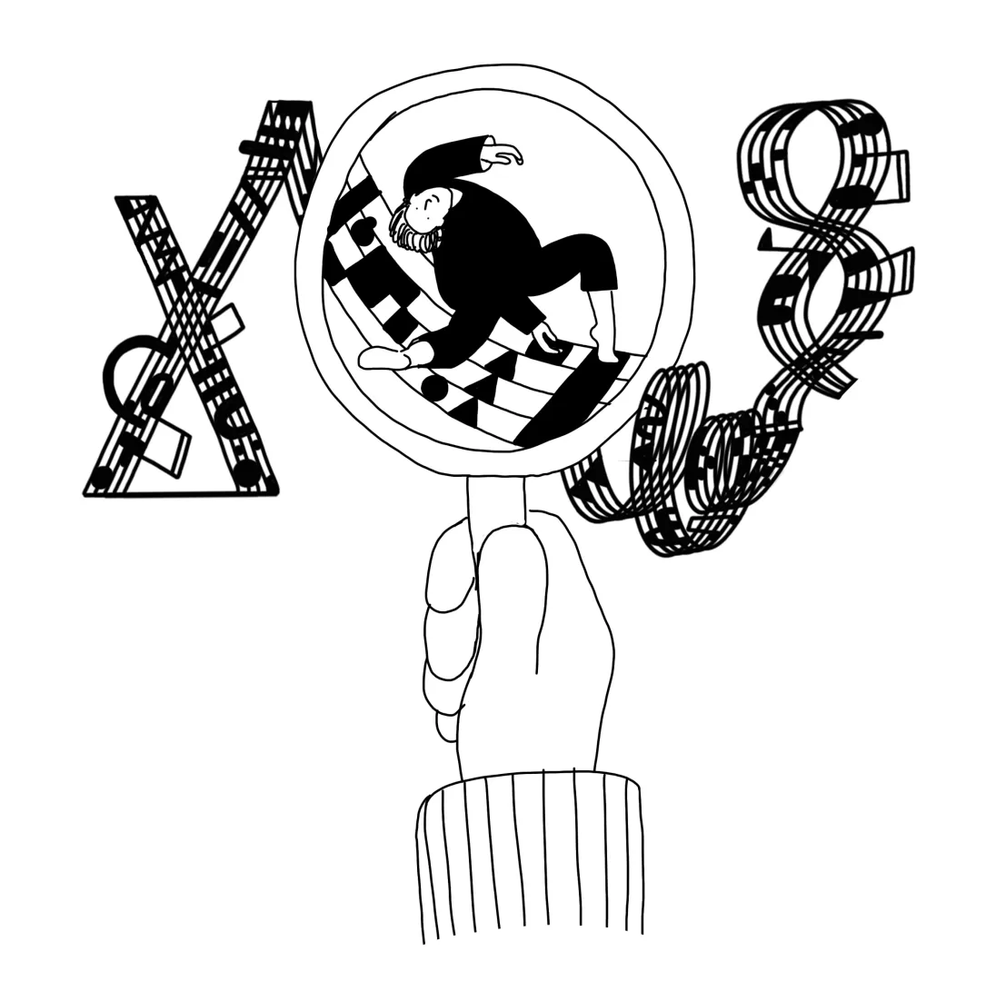 Illustration einer Hand, die eine Lupe hält. Die Lupe vergrößert eine tanzende Person, die auf Notenlinien zu tanzen scheint